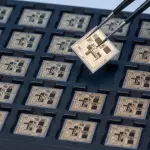 A grid of microchips in shades of grey and silver is illuminated against a black background, with one chip held by a tool.
