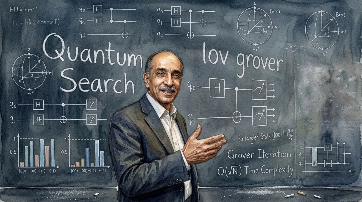 Lov Grover at a blackboard of quantum search circuits, Grover iterations and the square root of N speedup
