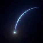 A bright blue point of light at lower left with a thin curved arc of light sweeping upward and to the right across darkness.
