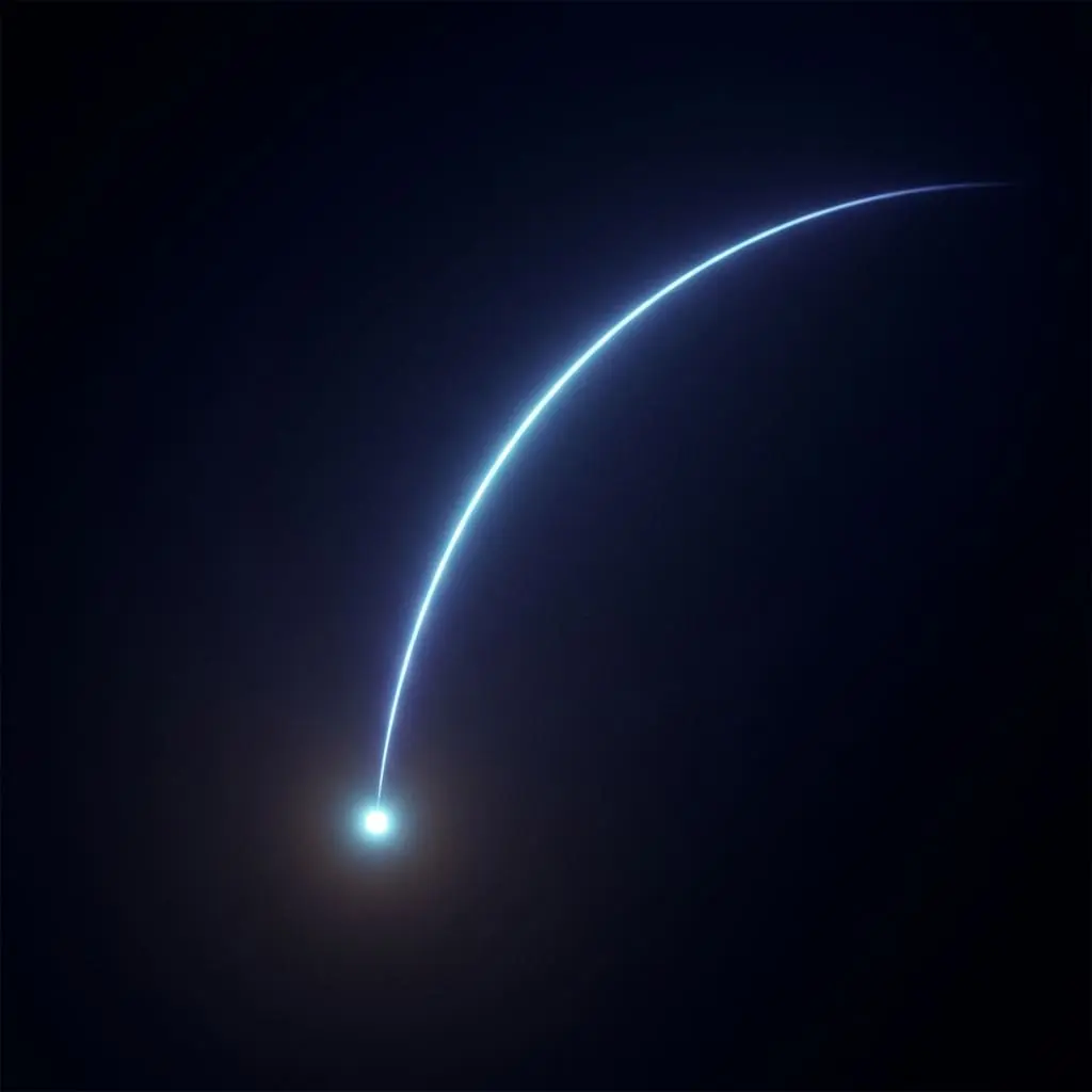 A bright blue point of light at lower left with a thin curved arc of light sweeping upward and to the right across darkness.