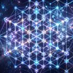 A glowing, complex geometric structure of interconnected lines and nodes floats against a vibrant, starry nebula background