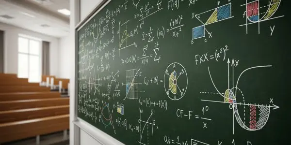 A green lecture-hall blackboard covered in mathematics