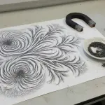 A white surface displays a swirling pattern of iron filings around a horseshoe magnet, with tools nearby in a lab setting.