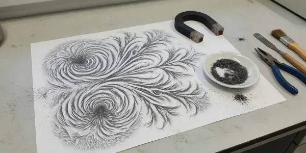 A white surface displays a swirling pattern of iron filings around a horseshoe magnet, with tools nearby in a lab setting.