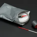 A metallic pouch, compass, magnet and needle rest on a dark grey surface, illuminated by soft, directional lighting.