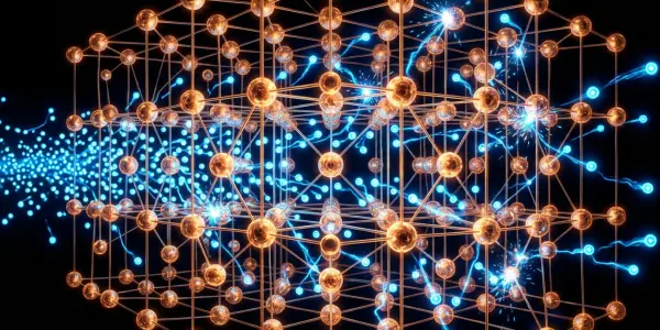 A glowing, orange lattice structure with bright blue energy flowing through it dominates a dark background