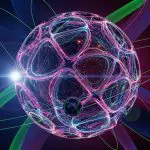 Glowing pink and blue lattice sphere with orbiting particles and green orbital paths