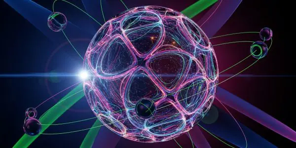 Glowing pink and blue lattice sphere with orbiting particles and green orbital paths