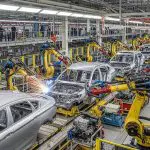 Yellow robotic arms welding car bodies