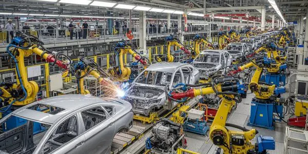 Yellow robotic arms welding car bodies