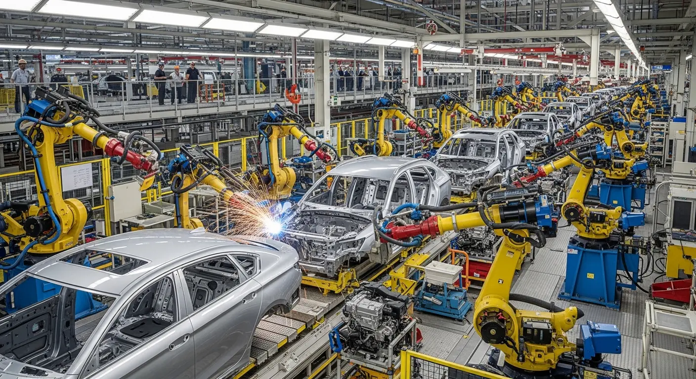 Yellow robotic arms welding car bodies