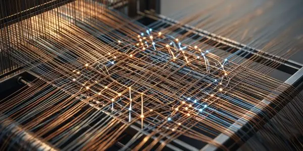 Weaving loom strung with copper and steel threads, glowing points where the strands cross