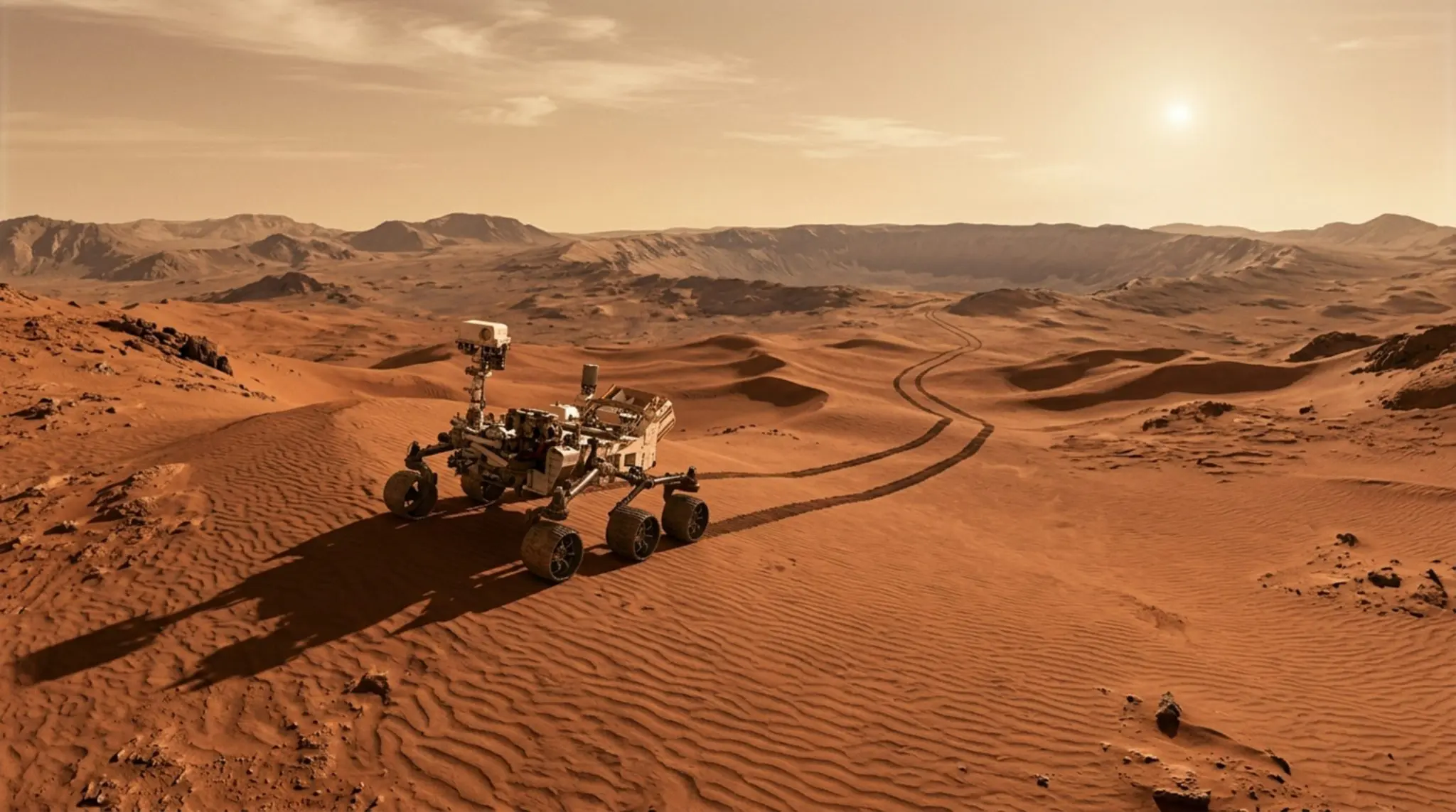 The Mars rover traverses a vast, orange desert landscape under a warm, golden sunset sky.