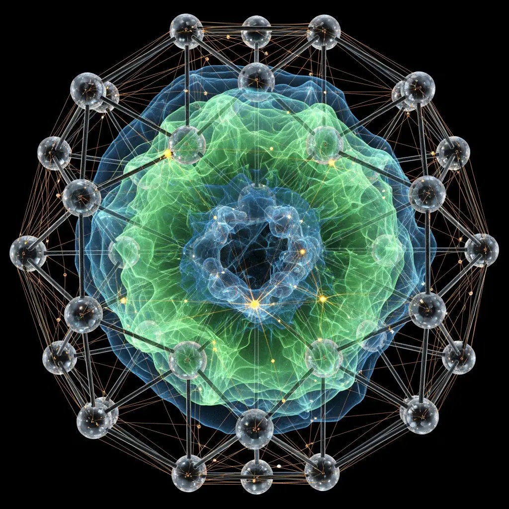 Electron density cloud rendered precisely within material lattice, neural overlay refining predictions, ultra macro detail