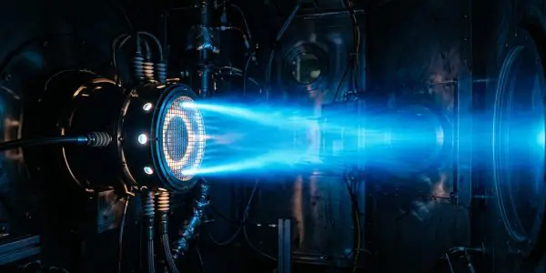 A powerful jet engine produces a bright blue exhaust stream within a darkened industrial testing chamber.