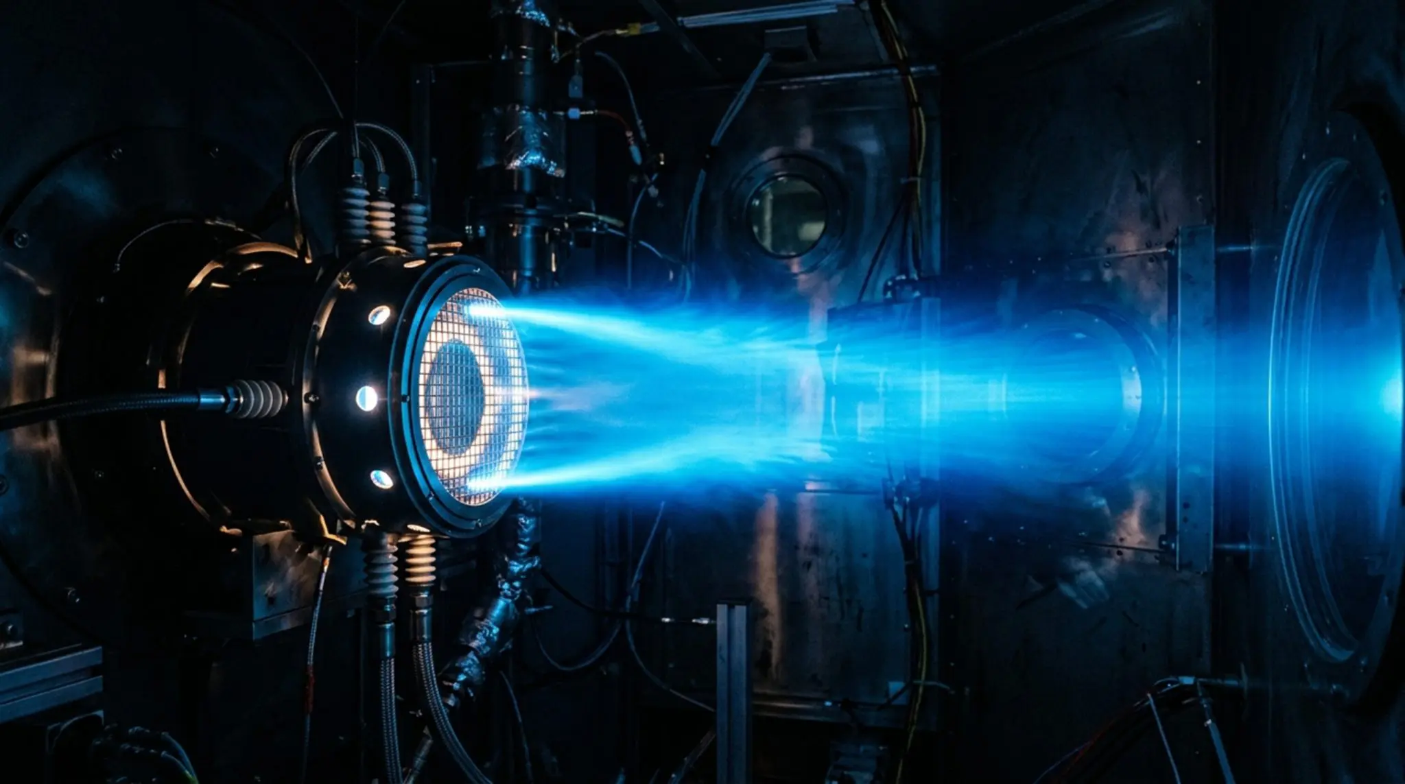 A powerful jet engine produces a bright blue exhaust stream within a darkened industrial testing chamber.