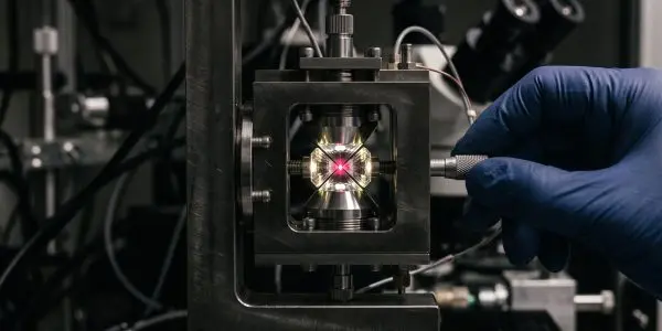 A blue-gloved hand adjusts a steel diamond anvil cell with a red-glowing sample between two diamonds