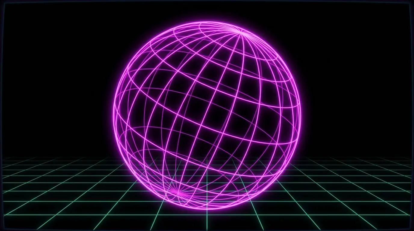 A magenta wireframe globe above a green grid
