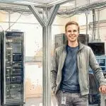 Watercolour illustration of a smiling man in a computing lab with server racks and monitors, for a profile of Matthew Kinsella