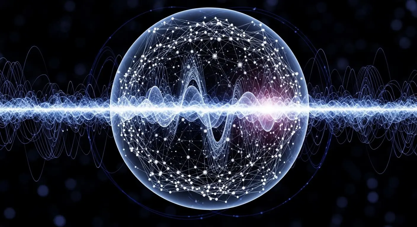 A glowing networked sphere superimposed on a bright energy waveform against a dark field.