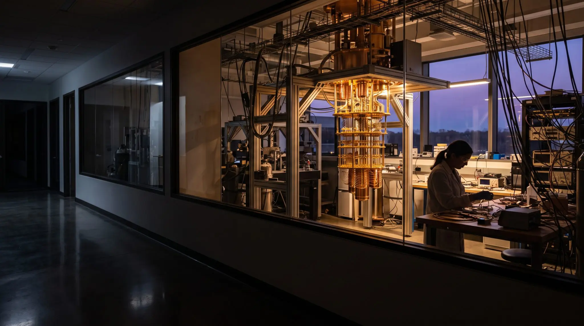a gold dilution refrigerator seen through a lab window at dusk with a researcher at a bench