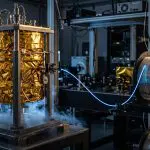 A gold-foil-wrapped cryogenic unit linked by a glowing blue optical fibre to spools of fibre in a lab