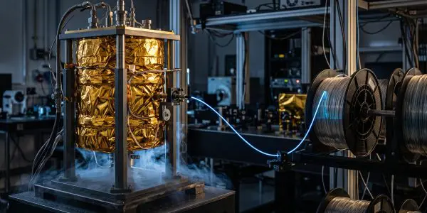 A gold-foil-wrapped cryogenic unit linked by a glowing blue optical fibre to spools of fibre in a lab