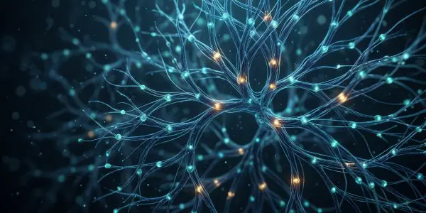Branching blue filaments studded with glowing teal and amber nodes against a dark background