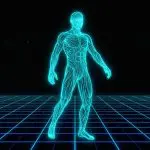 A cyan wireframe human figure on a grid