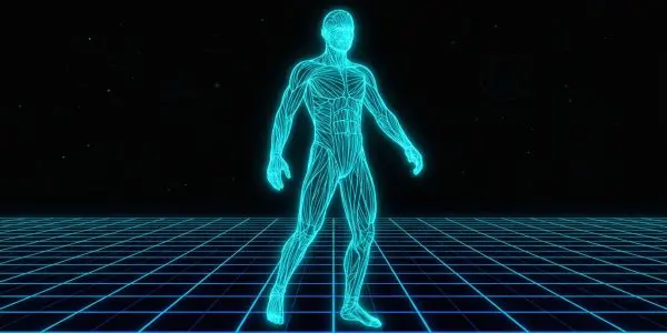 A cyan wireframe human figure on a grid