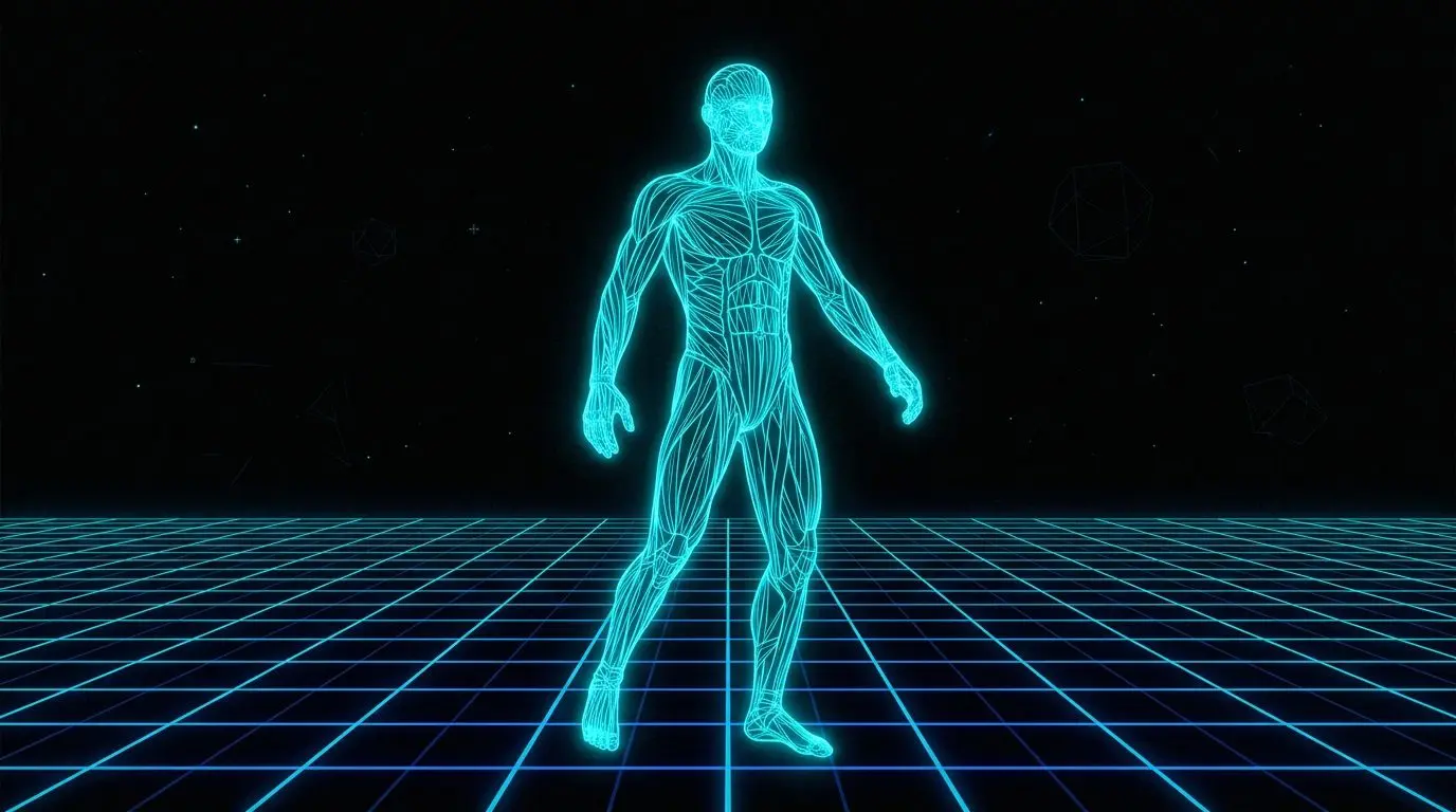 A cyan wireframe human figure on a grid