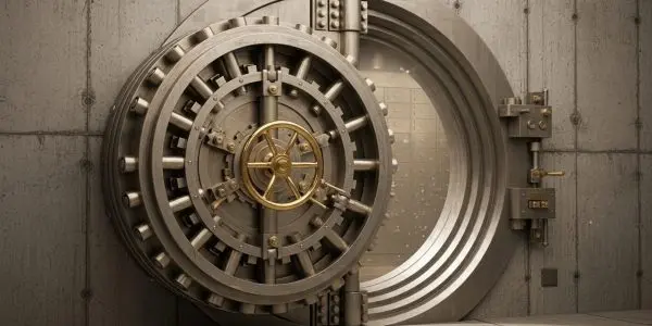 A massive, circular metal vault door is set into a concrete wall, illuminated by warm, directional lighting