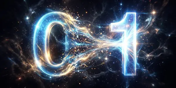 A glowing zero and one joined by a stream of light