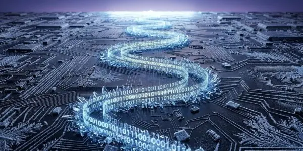 A glowing ribbon of binary digits edged with ice crystals winds across a frost-covered circuit board towards a bright horizon