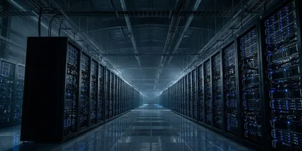 A long aisle of humming compute racks