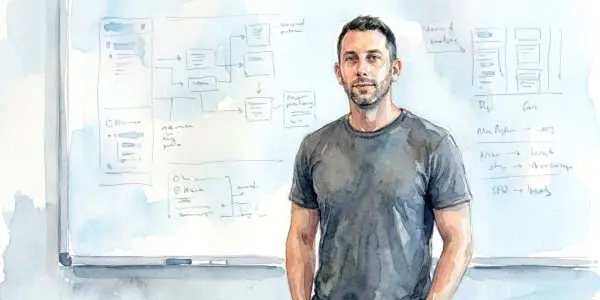 Watercolour illustration of Michael Biercuk, founder and chief executive of Q-CTRL, standing in a dark T-shirt in front of a whiteboard of sketched control-software diagrams