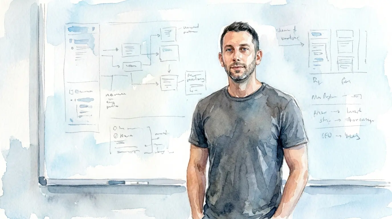 Watercolour illustration of Michael Biercuk, founder and chief executive of Q-CTRL, standing in a dark T-shirt in front of a whiteboard of sketched control-software diagrams