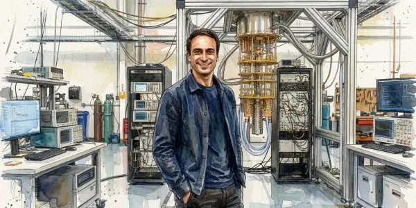 Watercolour illustration of a smiling man in a quantum laboratory beside a dilution refrigerator, for a profile of Michael Kratsios