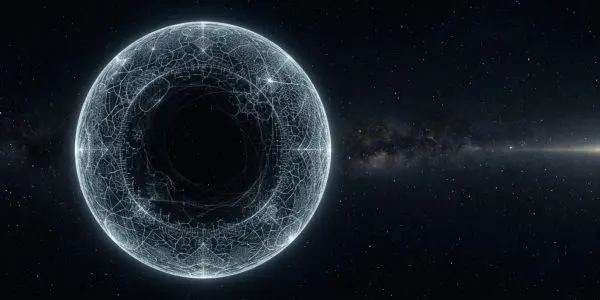 A dark, swirling black hole is surrounded by a network of glowing white lines against a backdrop of stars and a milky way.