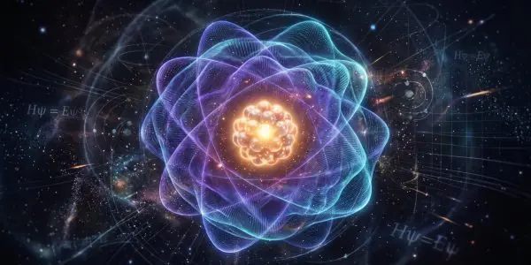 An atom drawn as overlapping electron orbitals