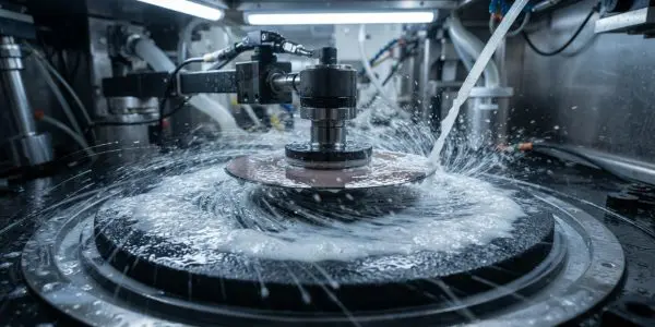 A wafer under a polishing head with slurry spraying outward
