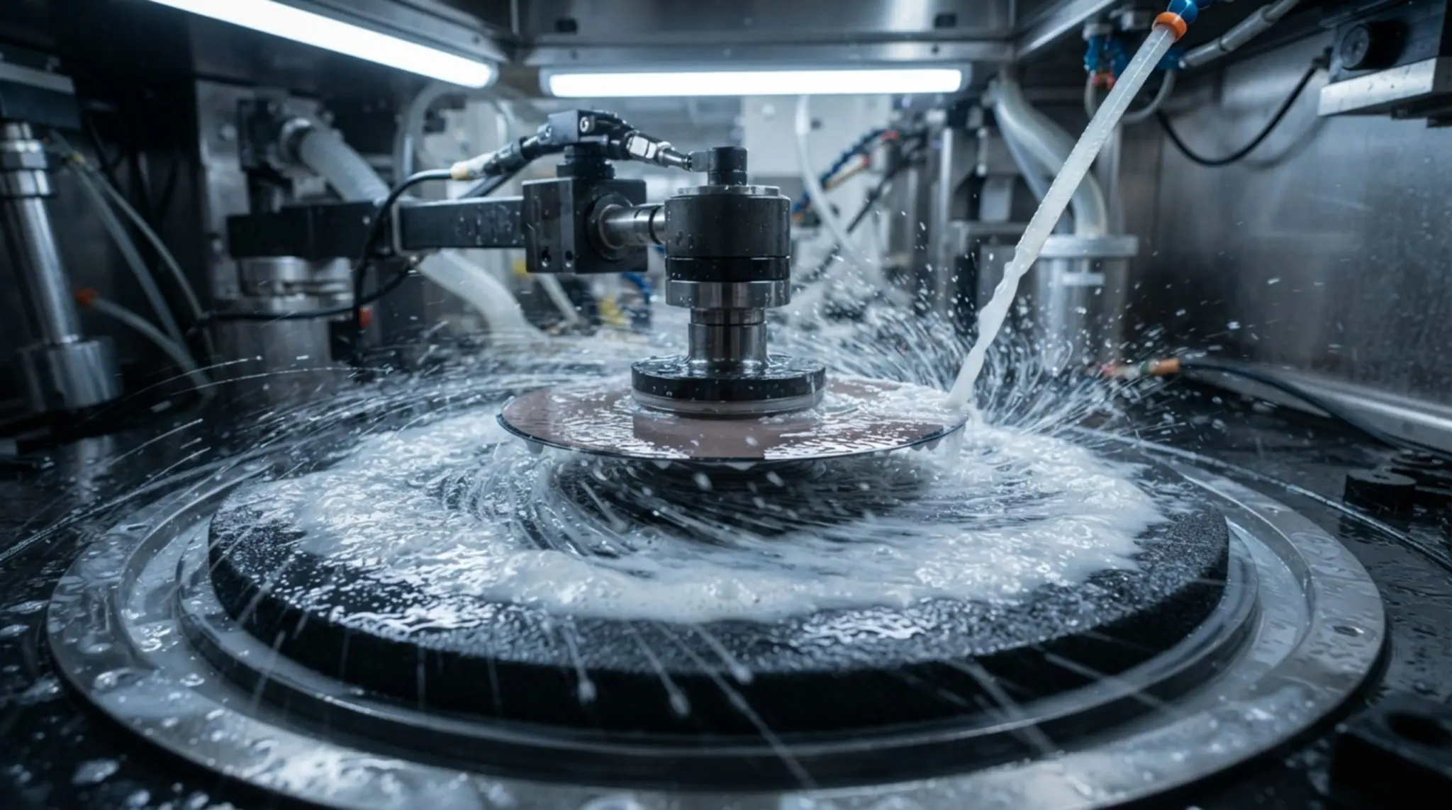 A wafer under a polishing head with slurry spraying outward