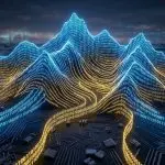 Glowing blue and gold binary digits rise into a mountain range above a dark circuit board