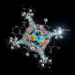 Molecule structure surrounded by neural overlay predicting property gradients, bright accurate output node, deep black space