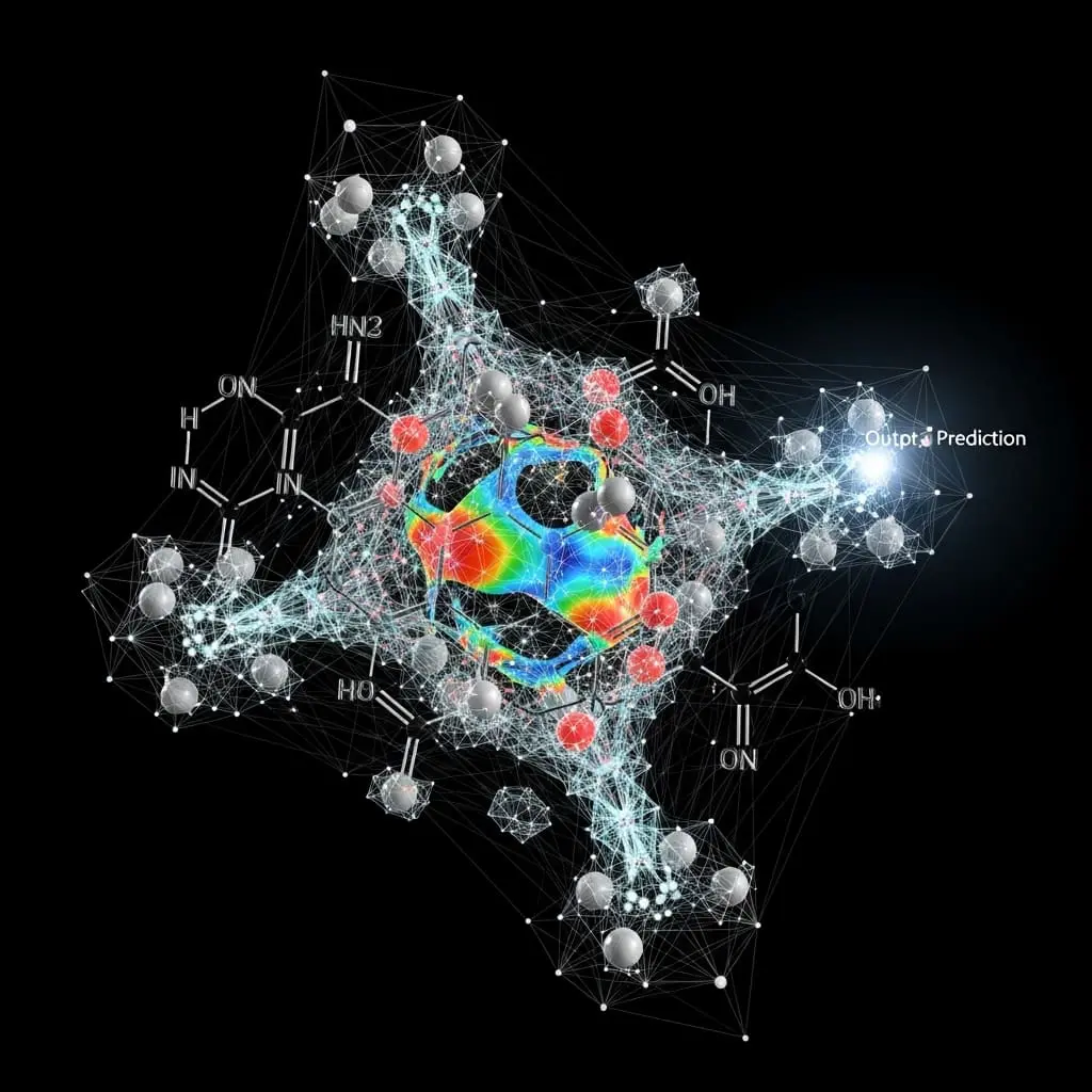 Molecule structure surrounded by neural overlay predicting property gradients, bright accurate output node, deep black space