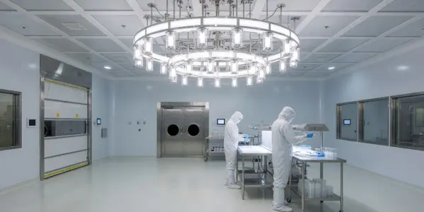 A bright, sterile room with stainless steel equipment and two figures in protective suits under a large, circular light fixture.