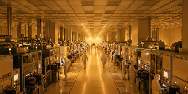 A long corridor within a cleanroom is lined with complex machinery and figures in protective suits, bathed in warm yellow light