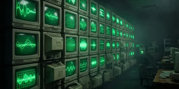 A wall of green CRT monitors showing waveforms