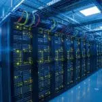 A blue-lit server room
