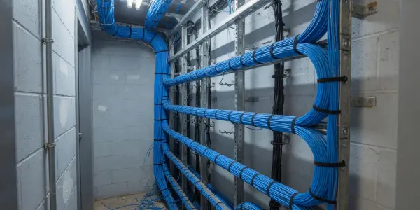 A server room corridor is filled with bright blue cables neatly bundled and running along metal support structures.